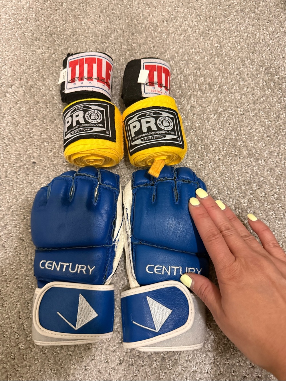 Century Blue MMA Grappling Gloves with Yellow Pro Hand Wraps